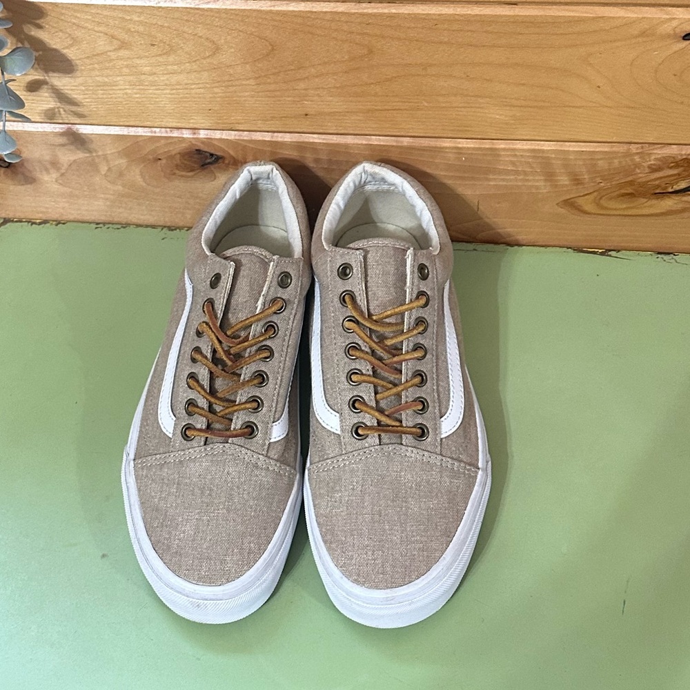 Old School Vans Women's Sz 10 Men’s Sz 8.5 Beige Canvas Leather Laced Sneakers - Picture 4 of 9